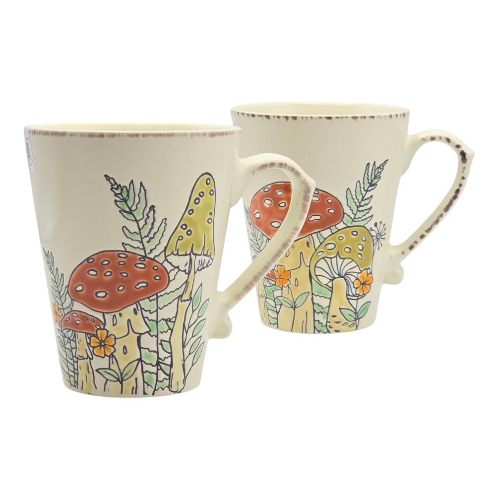 Spectrum Embossed Mushroom Coffee Mug 16oz Set of 2 Hand Painted Botanical Multi
